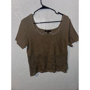Frye Women's Short Sleeve Scoop Neck Olive Green Crochet Sweater